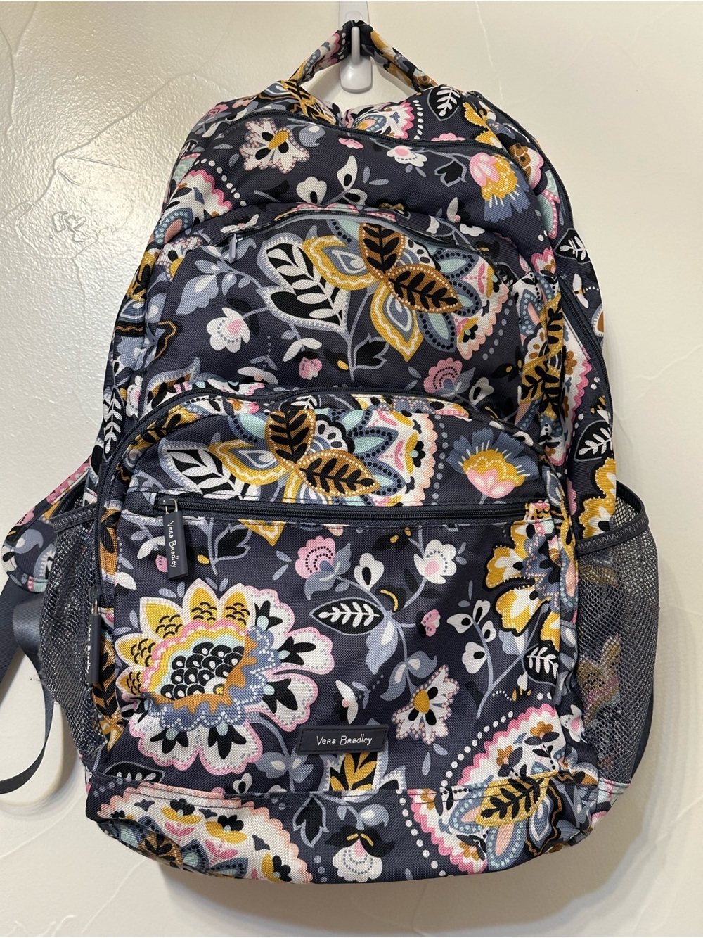 Vera Bradley Large Navy Floral Backpack with Pink, Yellow and Gray Accents